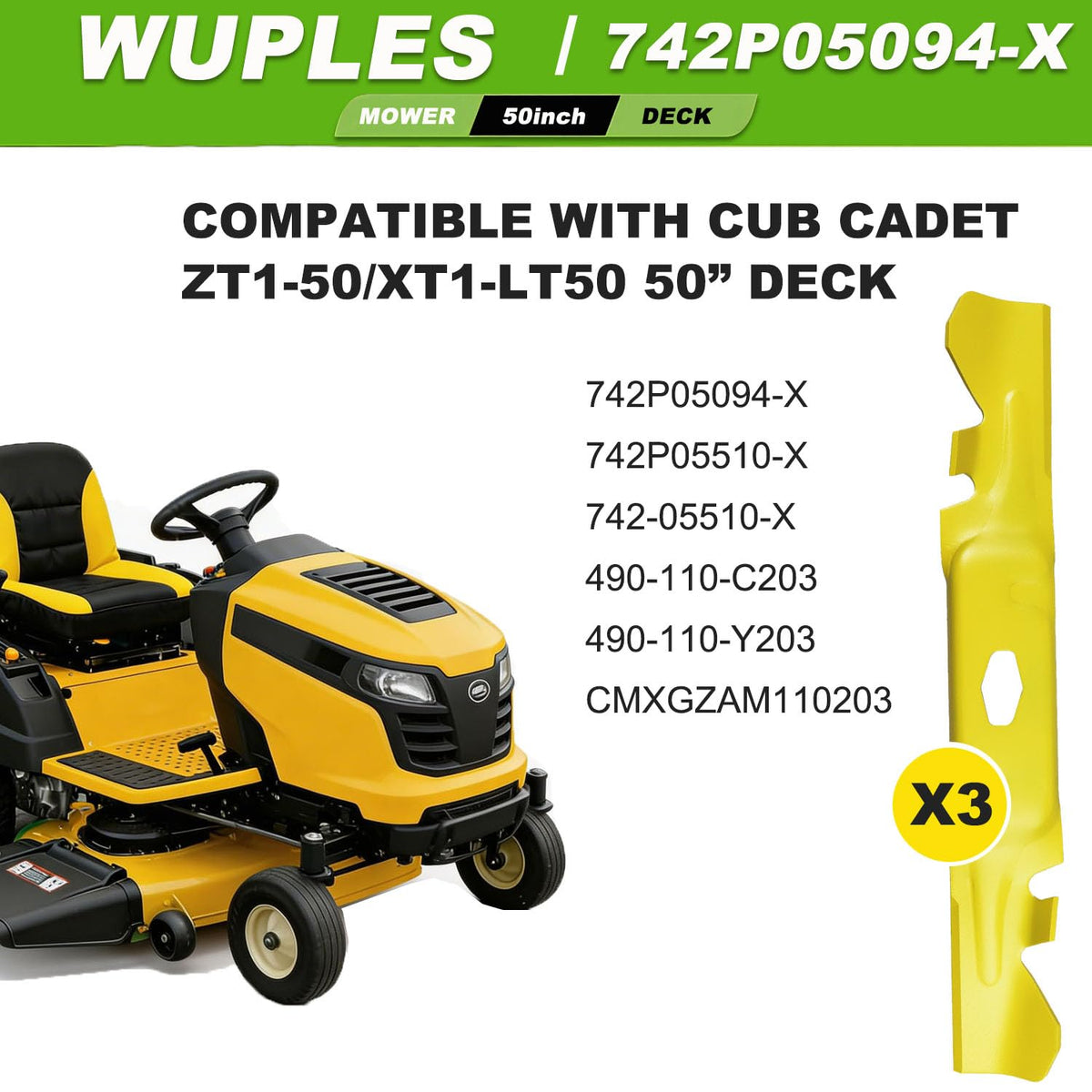 Wuples 50-inch mulching blades close-up highlights sharp serrated edges for efficient mowing.
