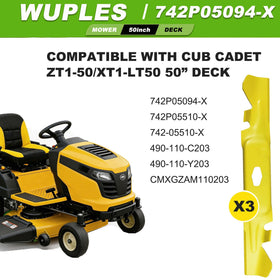 Wuples 50-inch mulching blades close-up highlights sharp serrated edges for efficient mowing.
