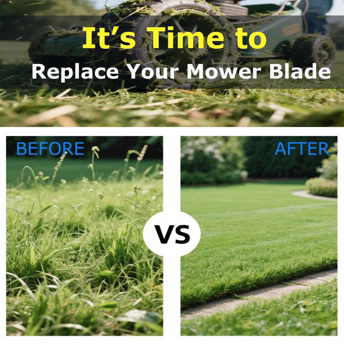 Wuples lawn care scene with blades installed on a push mower