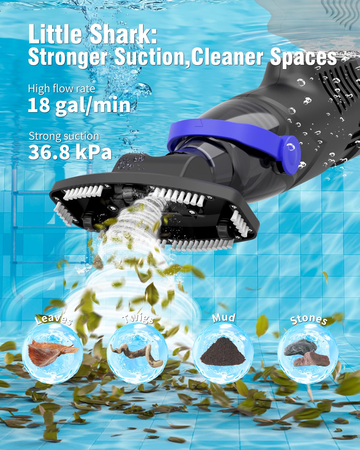 wuwo Little Shark pool vacuum runs on a 5000mAh battery for longer cordless cleaning