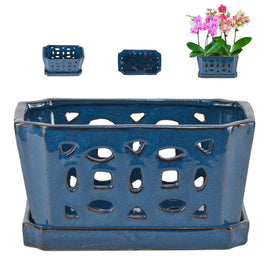 W&W Orchid Pot with holes and saucer in blue promotes proper drainage for orchids.