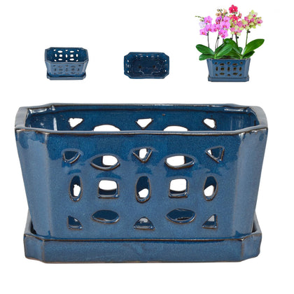W&W Orchid Pot with holes and saucer in blue promotes proper drainage for orchids.