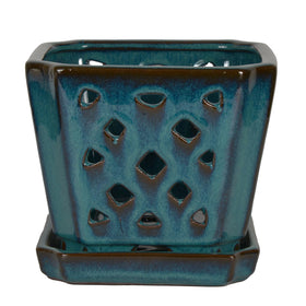 W&W durable ceramic orchid pot in teal for long-lasting beauty and sturdy use.