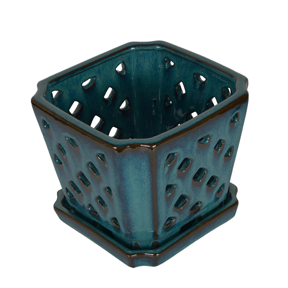 W&W glazed teal orchid pot adds an elegant decor touch.