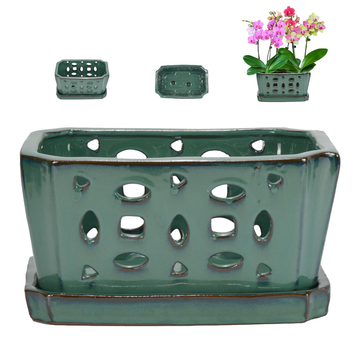 WW Orchid Pot with Holes and Saucer shows glazed finish for elegant display