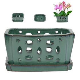 WW Orchid Pot with Holes and Saucer shows glazed finish for elegant display