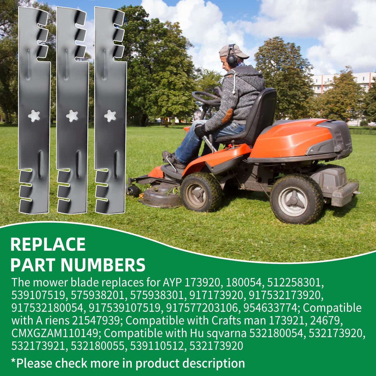 Packaging includes three mulching blades ready for replacement.