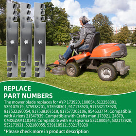Packaging includes three mulching blades ready for replacement.