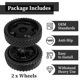 Two-pack replacement wheel set for convenient lawn mower upkeep.