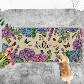 Wylumen floral doormat for indoor/outdoor use featuring hydrangea blooms and floor protection