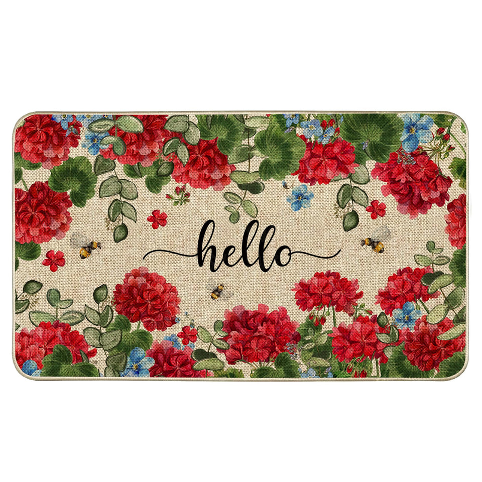 Wylumen spring geranium floral doormat welcomes guests with vibrant blooms.