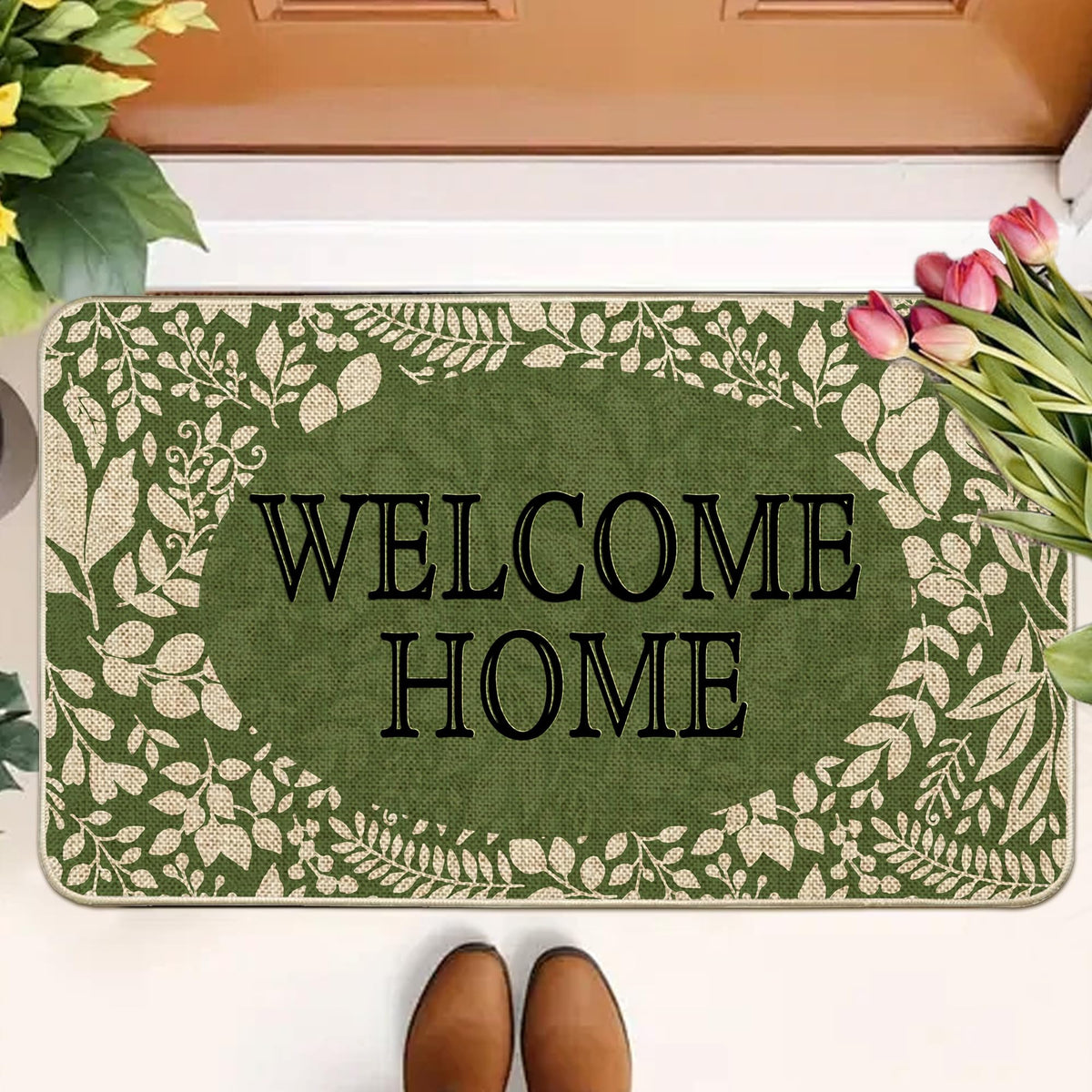 Wylumen Welcome Spring doormat texture close-up emphasizing anti-slip rubber back for secure placement.