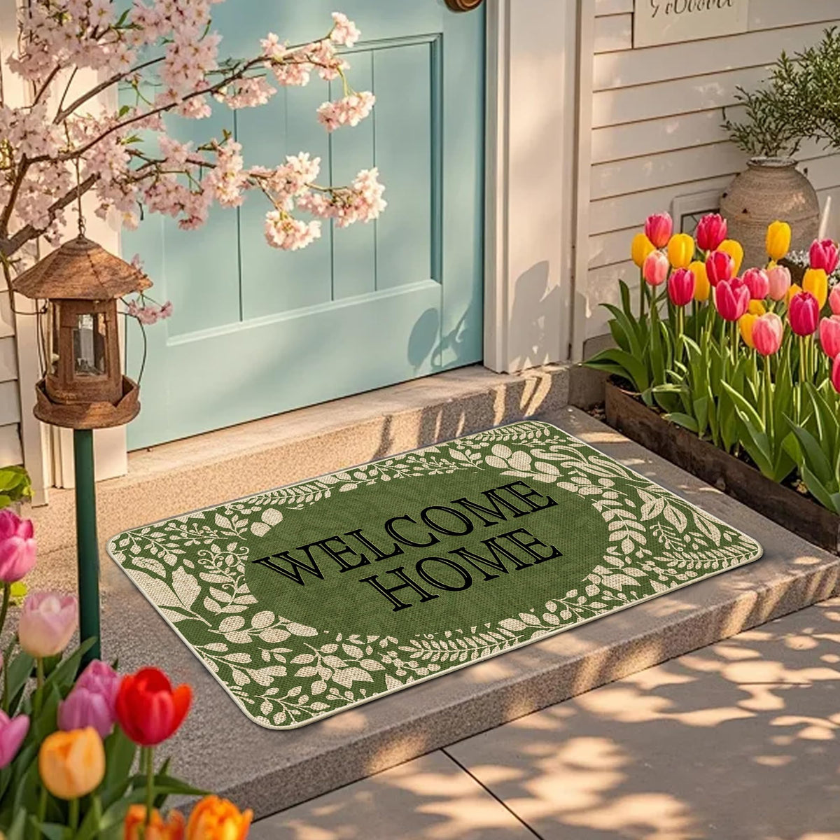 Wylumen Welcome Spring doormat edge binding and linen texture signaling durability and moisture resistance.