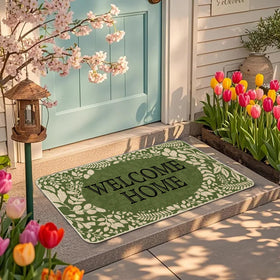 Wylumen Welcome Spring doormat edge binding and linen texture signaling durability and moisture resistance.
