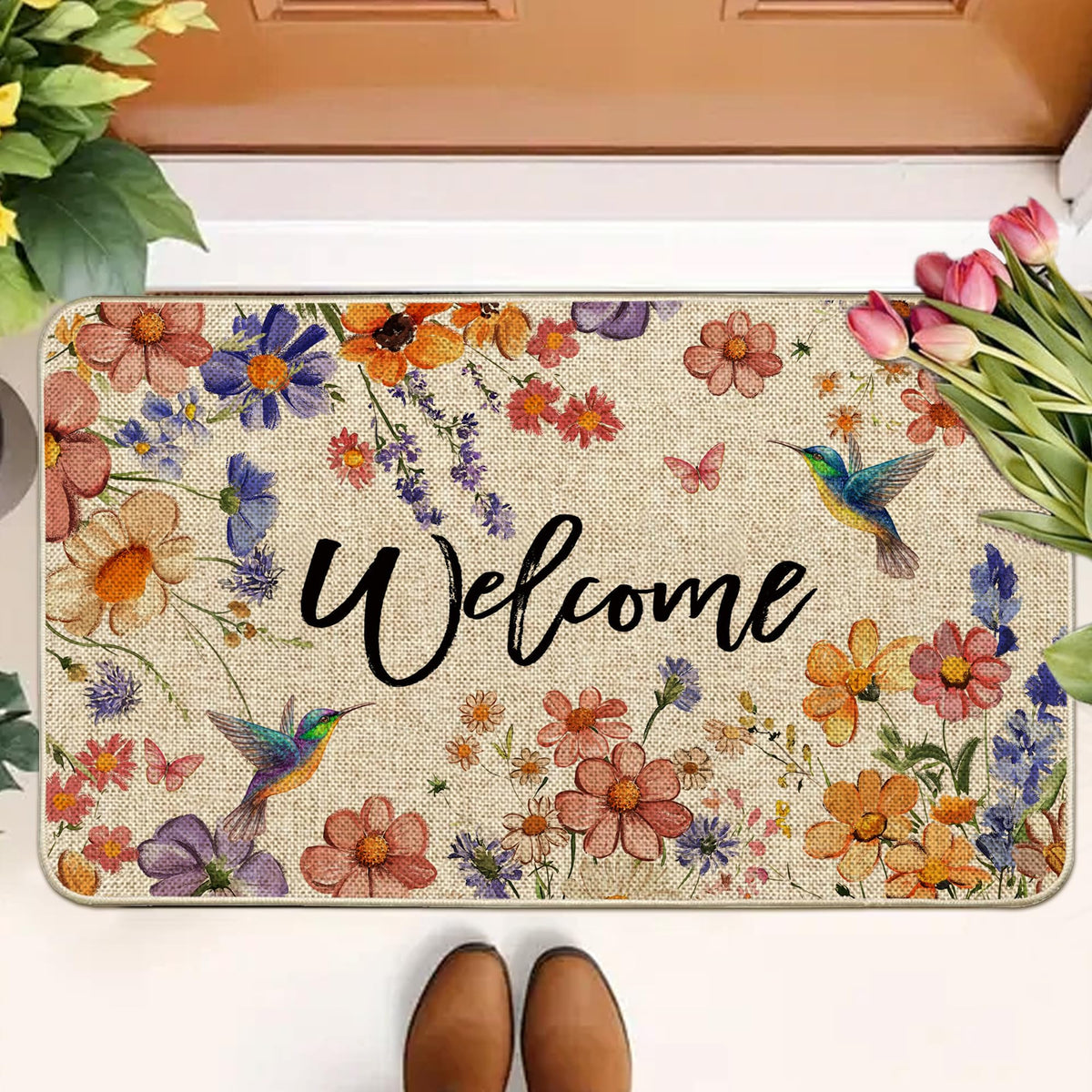 Wylumen Wildflower front porch door mat showcases seasonal style and dirt trapping.