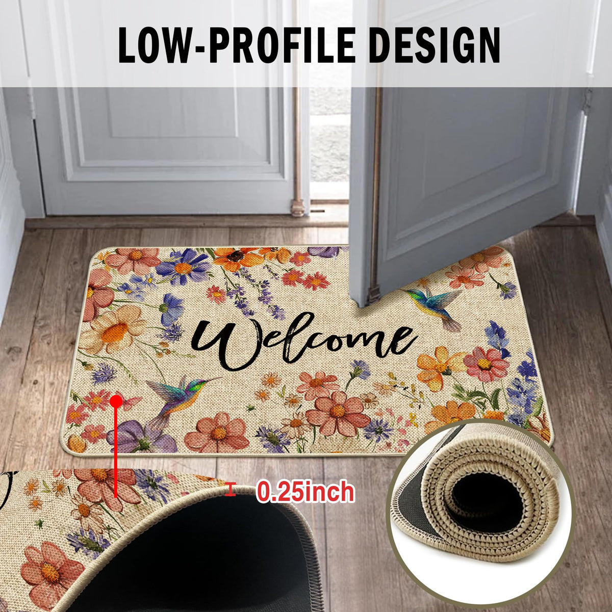 Wylumen Wildflower non-slip backing mat stays put on various floors.