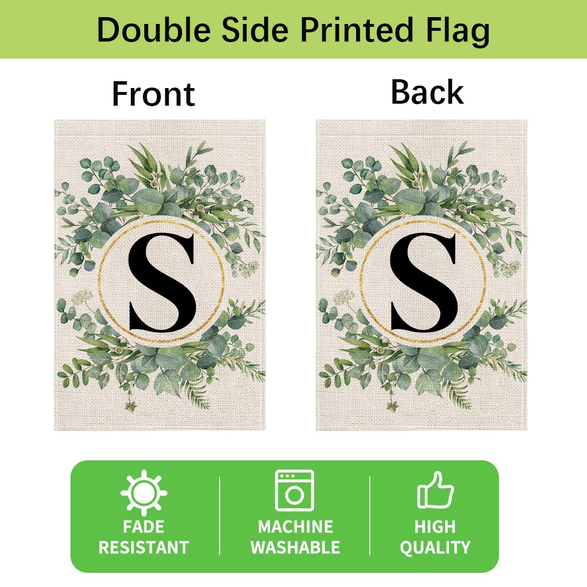 Wyooxoo floral monogram S flag's burlap-like material offers weather resistance.