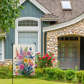 Wyooxoo flower flag shown on porch scene for outdoor garden decoration
