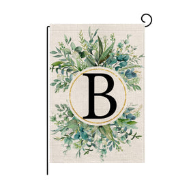 Wyooxoo monogram B floral garden flag on porch adds personal charm to outdoor decor.