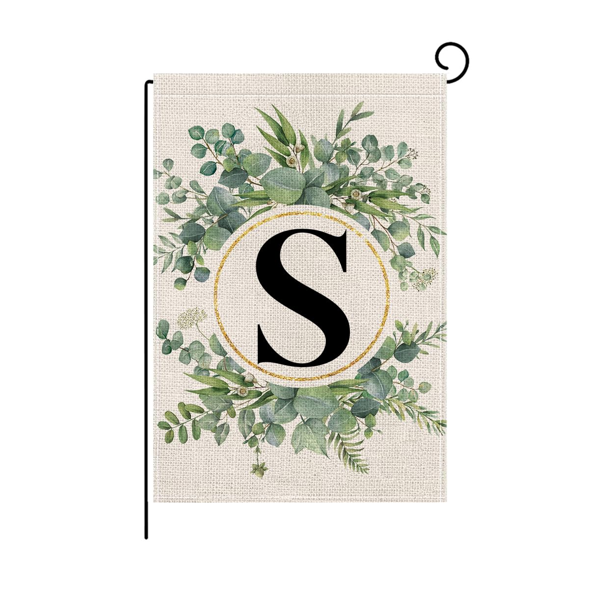 Wyooxoo monogram S floral garden flag front view—durable burlap-style fabric for outdoor use.