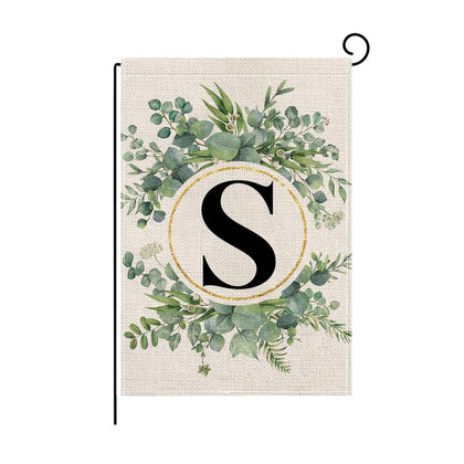 Wyooxoo monogram S floral garden flag front view—durable burlap-style fabric for outdoor use.