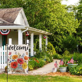 Wyooxoo outdoor flag with burlap-like texture adds rustic curb appeal