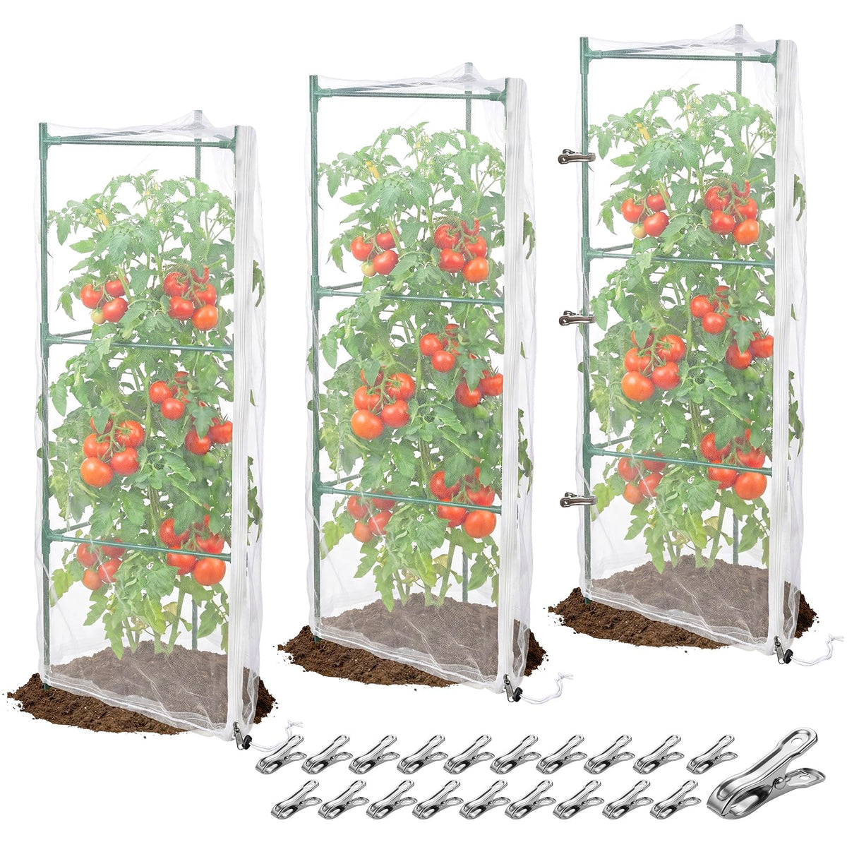 WYRJXYB tomato cage netting covers a 67x17.7-inch cage, guarding crops while watering.