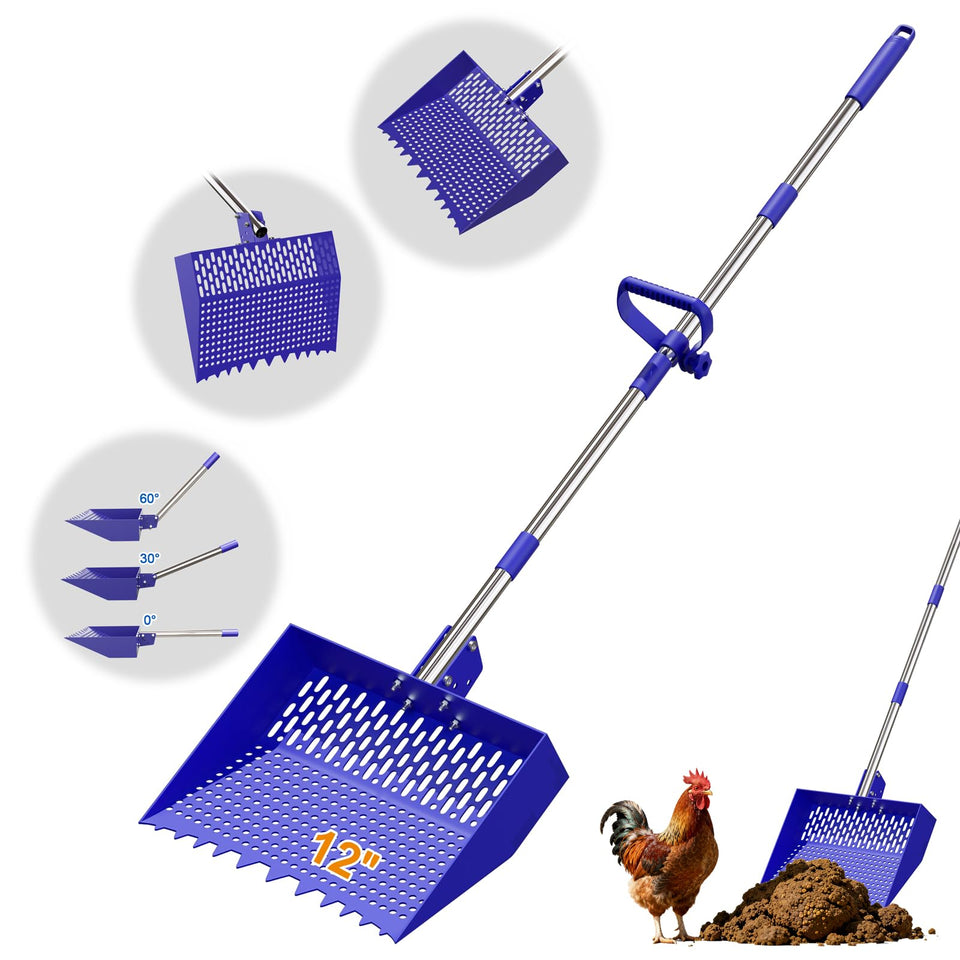 Wysperix 12-inch pooper scooper in action for quick coop cleanup.