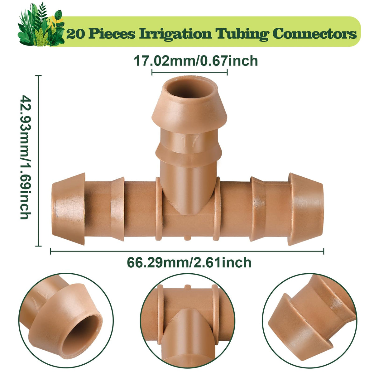 WZFLRUA barbed tee connector fits 17 mm tubing for reliable flow.