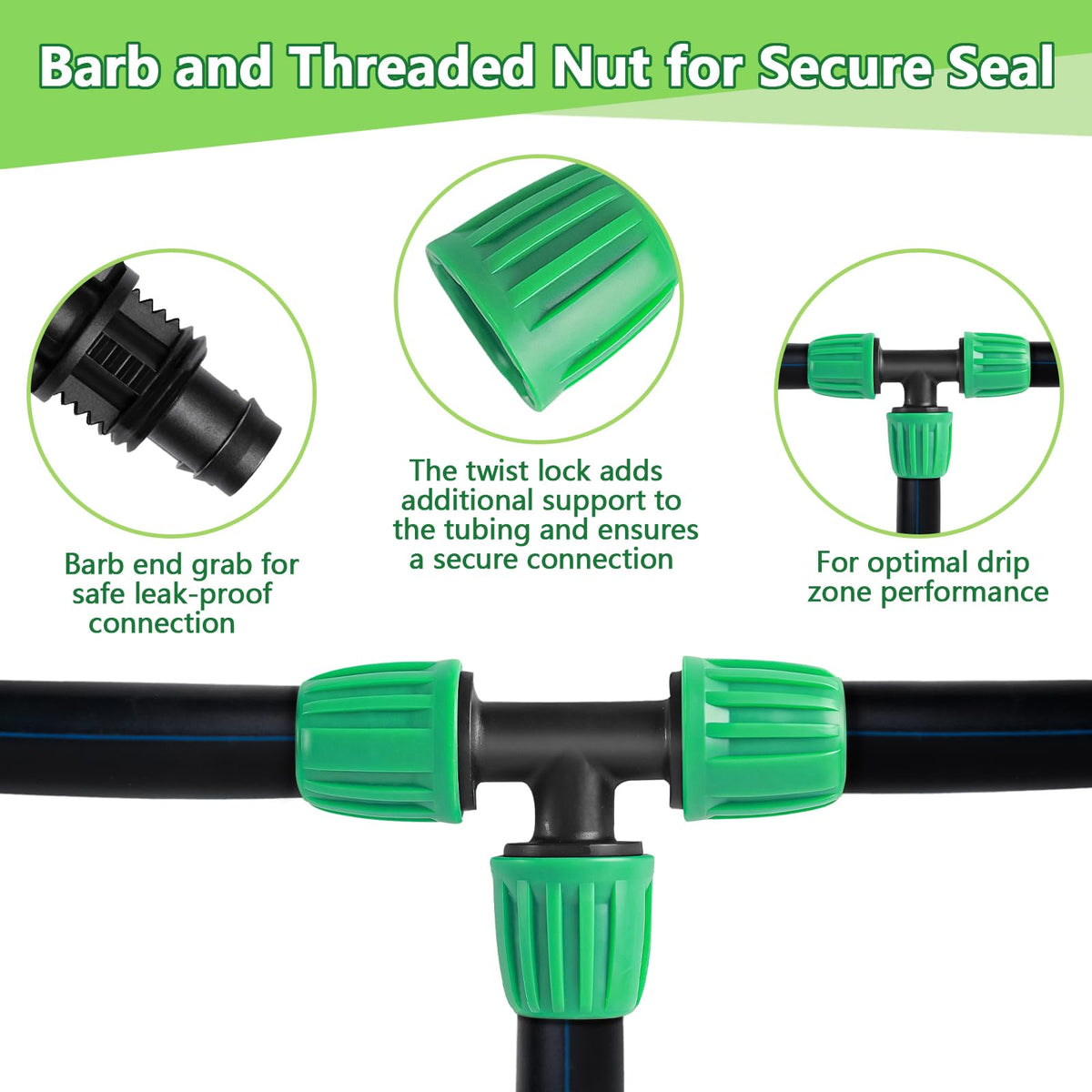 WZFLRUA twist-lock drip tees add extra tubing security during setup.