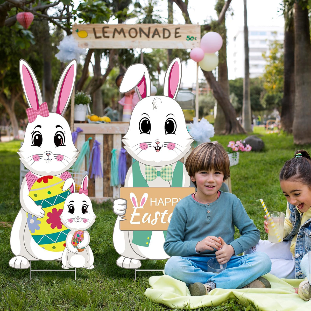 WZSTNBLA Easter decor sign with bright patterns enhances spring curb appeal.