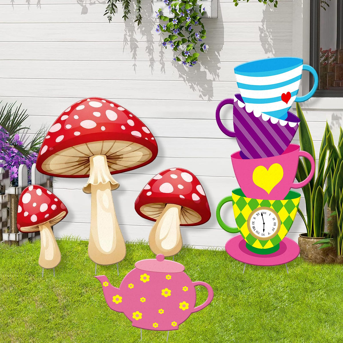 X-Kingsun Wonderland teacup tower display adds whimsy to outdoors.
