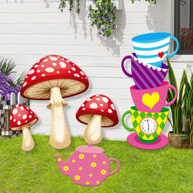 X-Kingsun Wonderland teacup tower display adds whimsy to outdoors.
