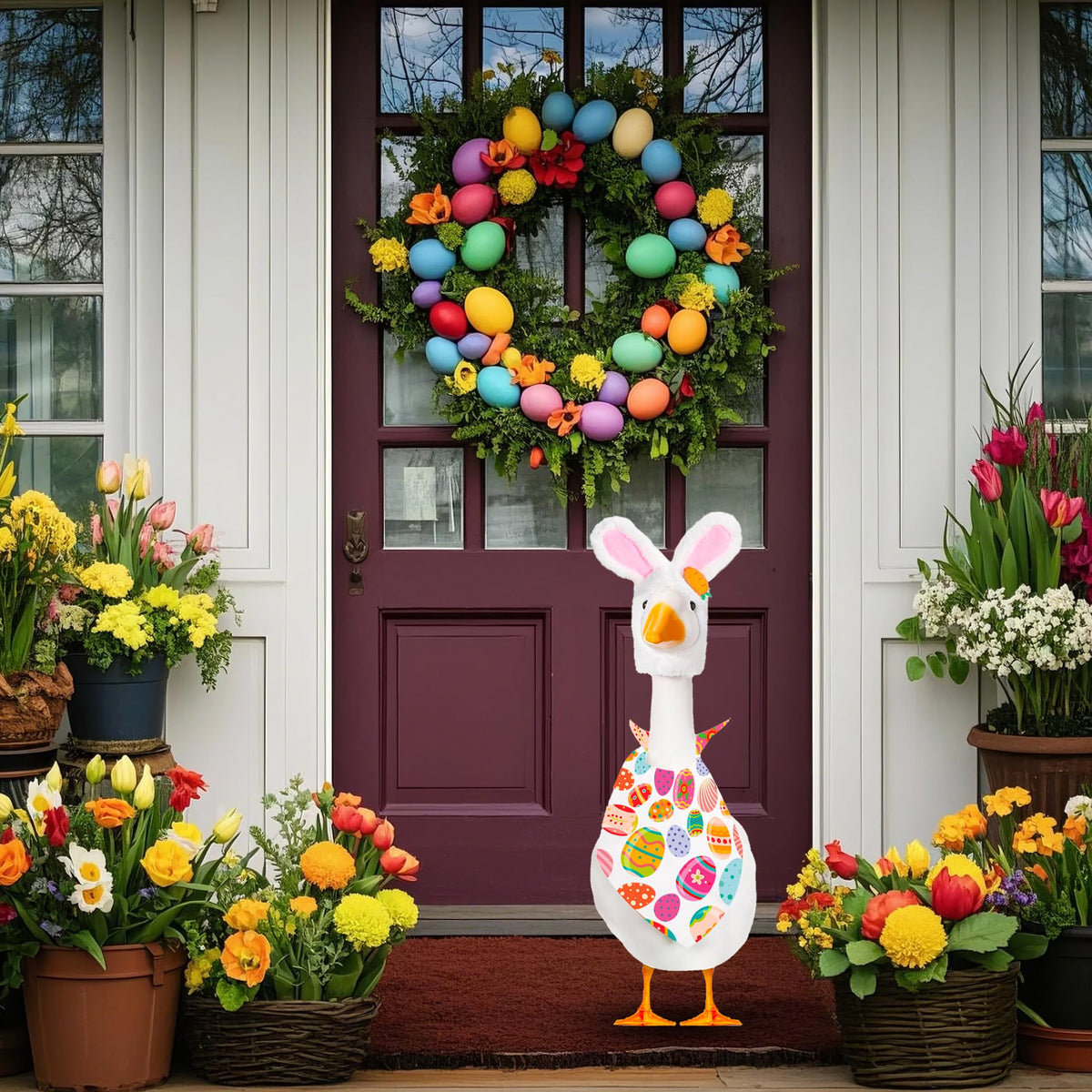 XAKNXGU goose outfit with rabbit hat transforms cement geese for Easter display