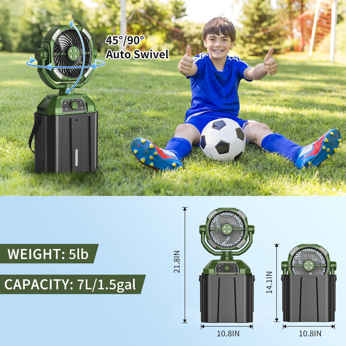 9-inch misting fan with auto swivel covers more outdoor space