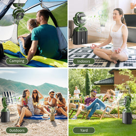 Outdoor misting fan in a garden setting for cooling