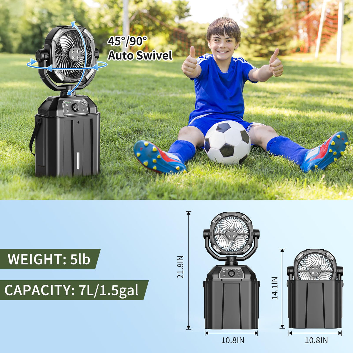 XAP 25000mAh rechargeable battery powers all-day misting and USB charging.