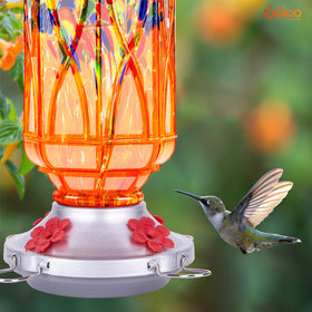 XAROO feeder shows four ports and perch inviting multiple hummingbirds.