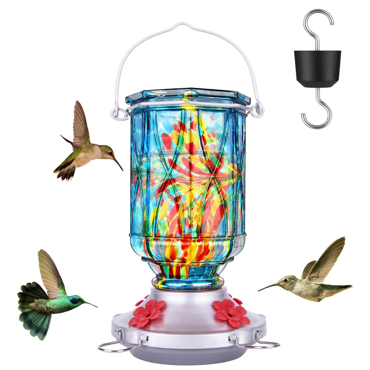 XAROO hummingbird feeder outdoors in blue attracts birds with vibrant color.