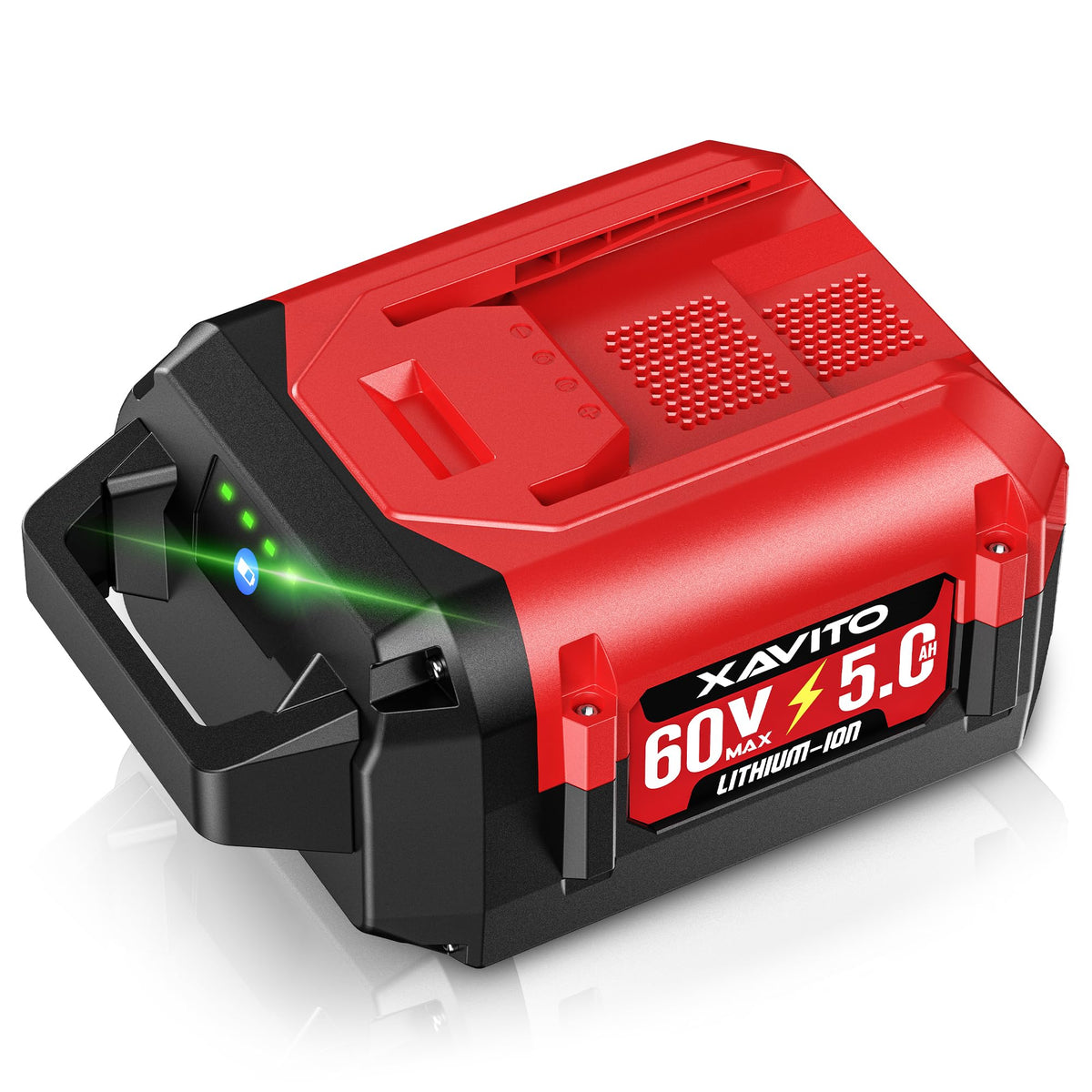 XAVITO Toro 60V battery front view highlights 5000mAh capacity for longer outdoor operation