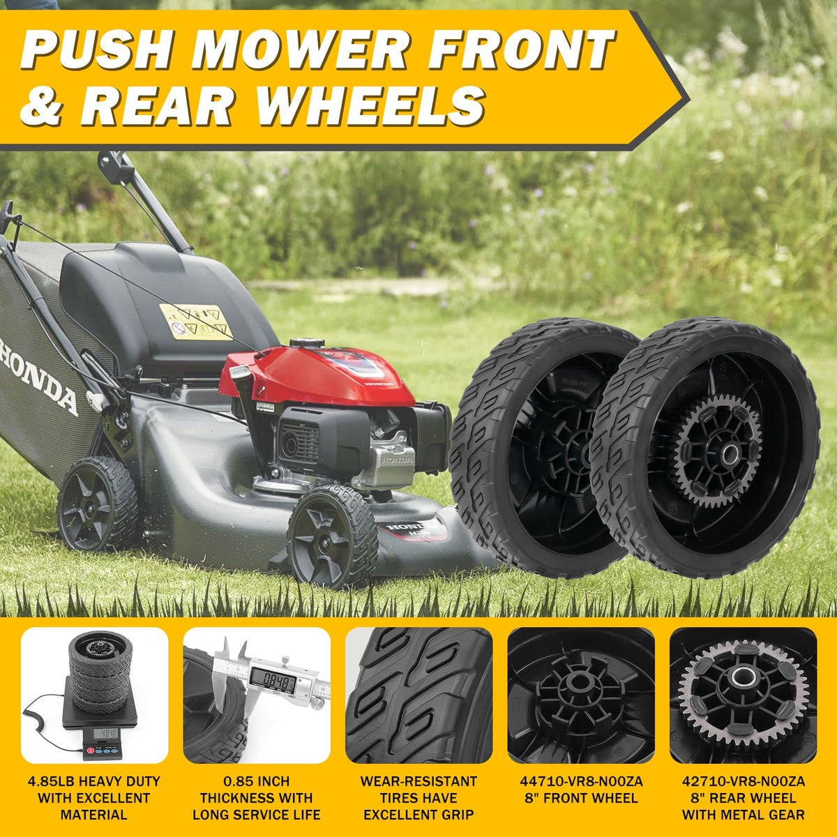 XaXmTee HRN216 front wheel 8-inch close-up for smooth mowing and steering