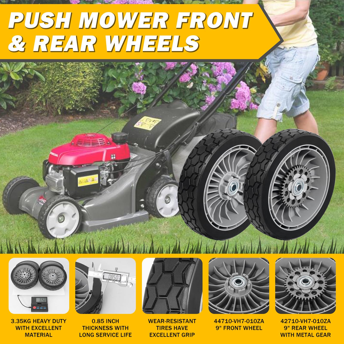 XaXmTee front wheels replacement for HRX217 mower with smooth rolling.