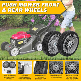 XaXmTee front wheels replacement for HRX217 mower with smooth rolling.