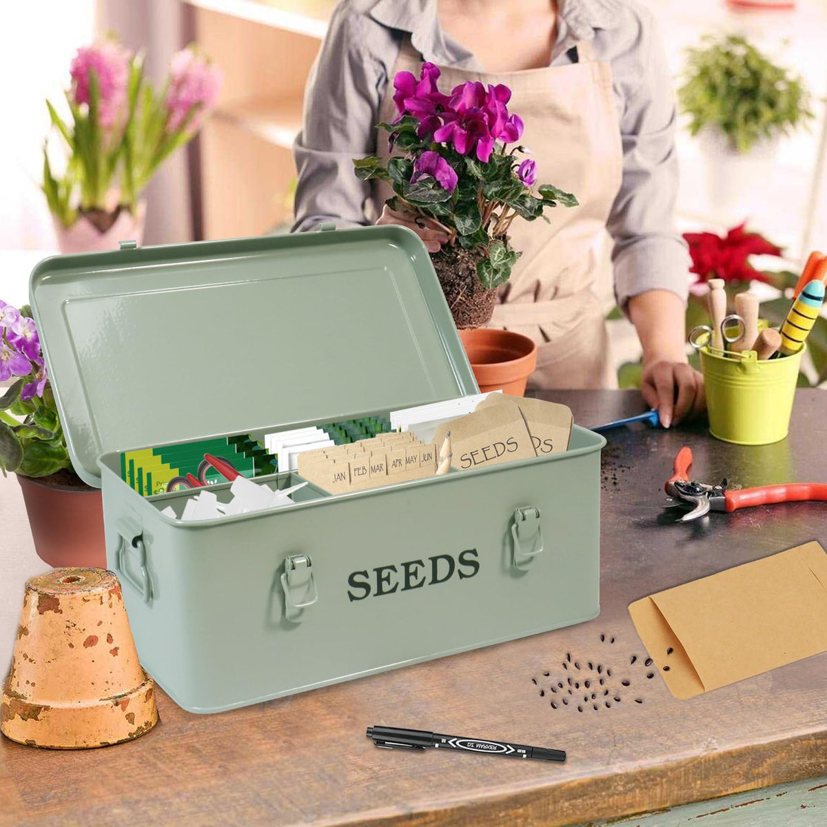 Xbopetda seed storage organizer shows sturdy side handles for easy transport.
