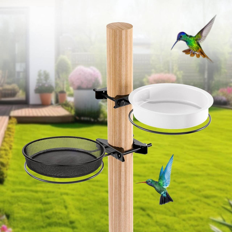 Xbpeuy bird feeder on railing-pole setup for a multi-level backyard feeding