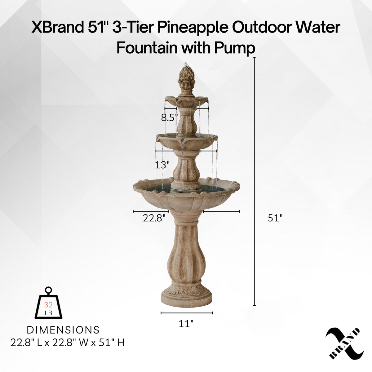 XBrand beige-finish three-tier fountain, side angle, complements patios with timeless style.