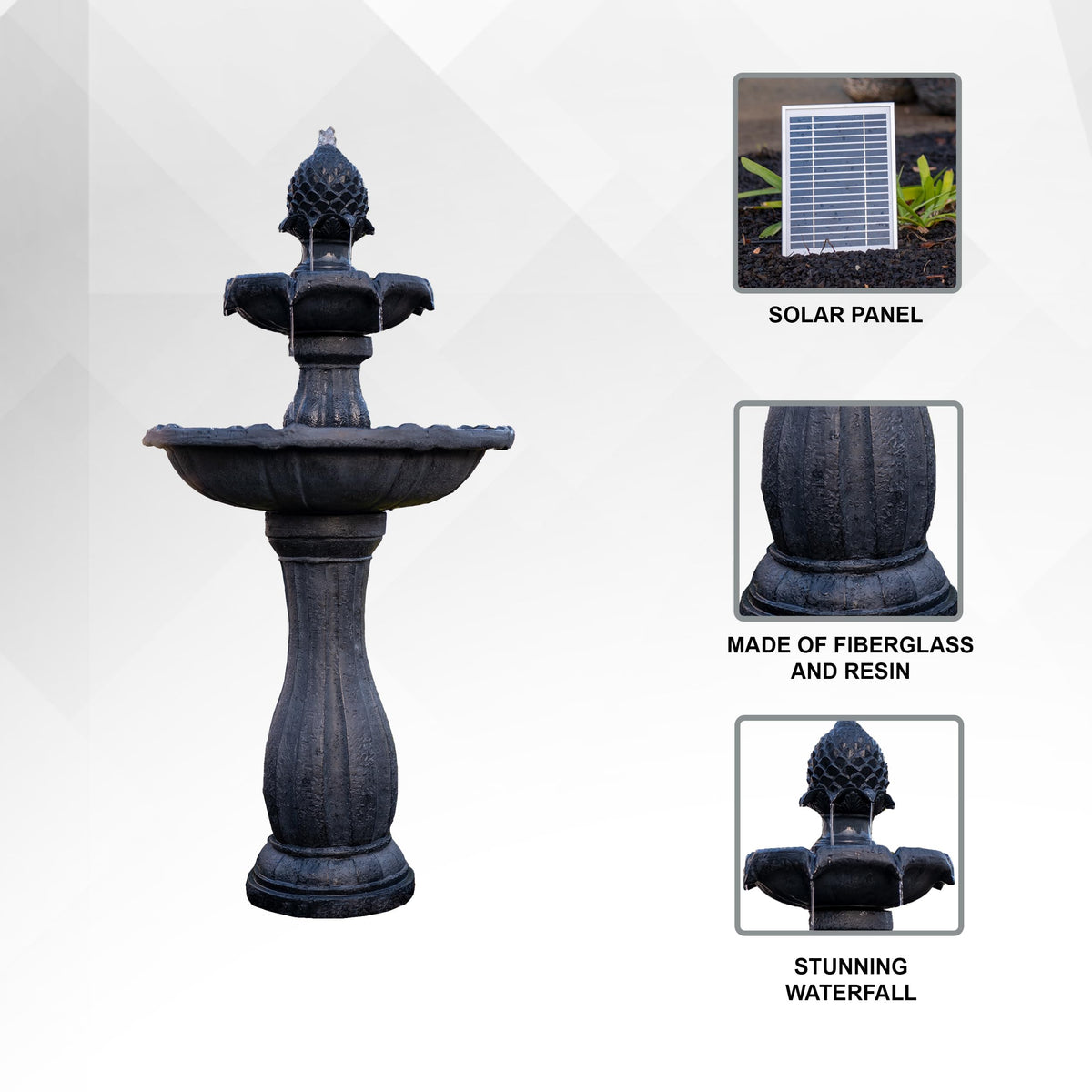 XBrand black fiberglass resin fountain showcased in garden setting