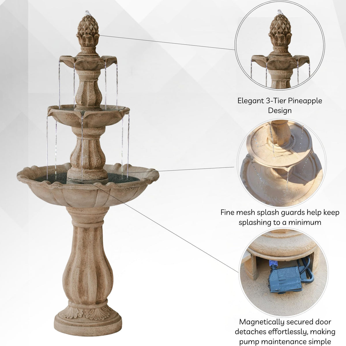 XBrand pump-water-flow feature close-up shows steady circulation and tranquil sounds.