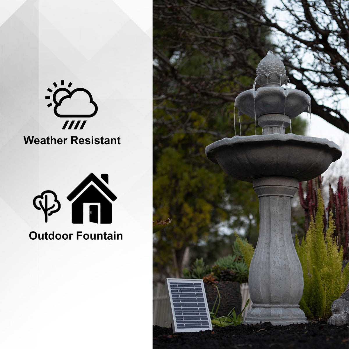 XBrand solar panel powered pump enables maintenance-free fountain operation.