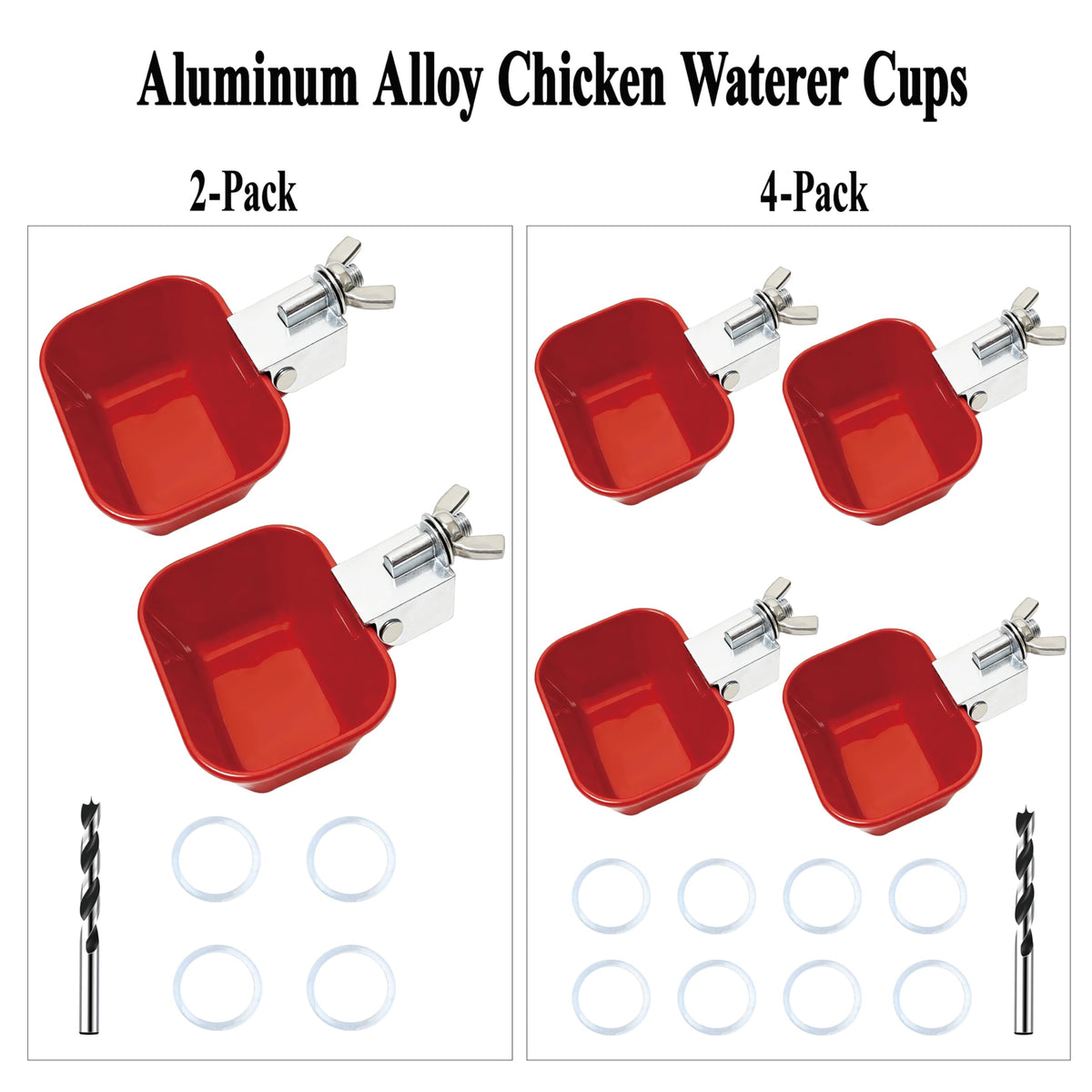 XCL Aluminum alloy chicken waterer cups close-up showing sturdy metal construction.
